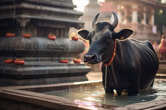Hindu mythology - close-up picture of a divine cow in a temple. AI generated image.