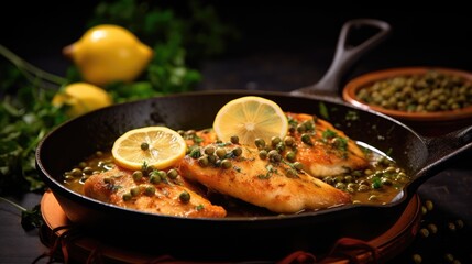 Fried fish fillet with green peas and lemon on wooden with black background