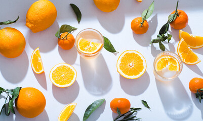 Fresh summer background with oranges and  detox water, morning light. Healthy soft drinks, drinks easy for home