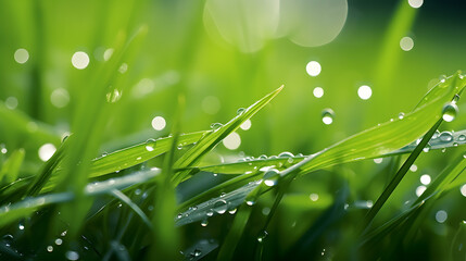 Beautiful droplets of water dew in the grass in the morning, macro. Grass in morning dew in the spring summer on a green background in nature.