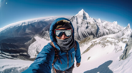 Fototapeta na wymiar hiker at the top of a pass making selfie against snow capped mountains in Alps
