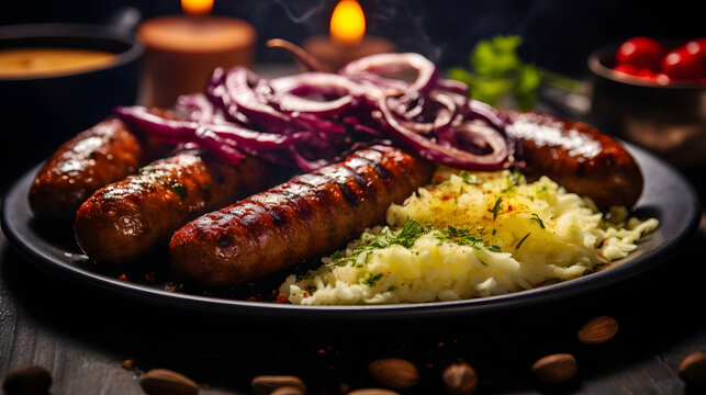 closeup food photography of super delicious plated dish of steaming merguez sausages, with sliced cabbage and pickles on the side, served in a plate, barbecue style