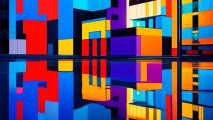 Vivid urban reflections dance against bold buildings and shimmering water in a minimalist abstract style