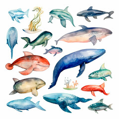 Naklejka premium fish set watercolor on a white background created with Generative Ai