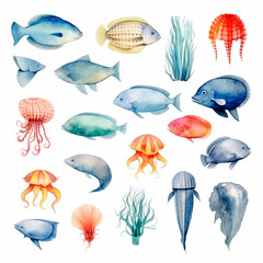 Fototapeta premium fish set watercolor on a white background created with Generative Ai