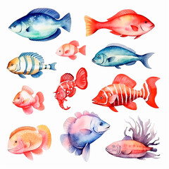 fish set watercolor on a white background created with Generative Ai