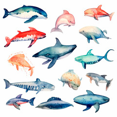 Fototapeta premium fish set watercolor on a white background created with Generative Ai