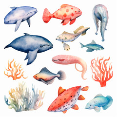 Naklejka premium fish set watercolor on a white background created with Generative Ai