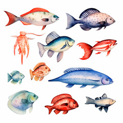 fish set watercolor on a white background created with Generative Ai