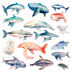 Naklejka premium fish set watercolor on a white background created with Generative Ai