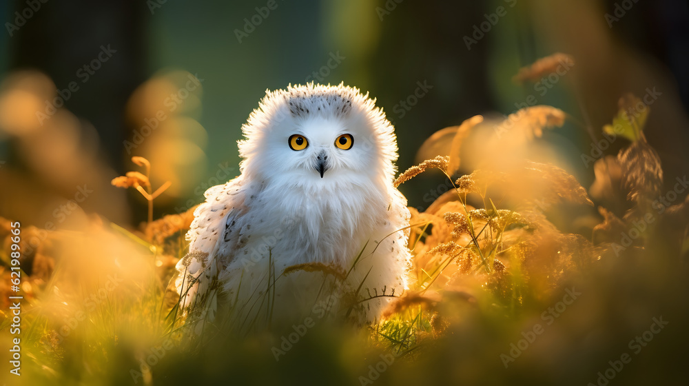 Wall mural cute fluffy white owl, beautiful backlight, early september morning, wildlife photo, national geogra
