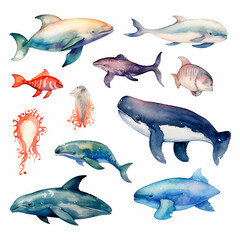 Fototapeta premium fish set watercolor on a white background created with Generative Ai