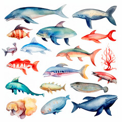 fish set watercolor on a white background created with Generative Ai