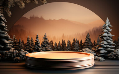 Round table counter podium, winter trees, Christmas product display background 3D