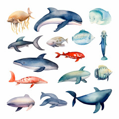 fish set watercolor on a white background created with Generative Ai