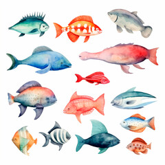 fish set watercolor on a white background created with Generative Ai