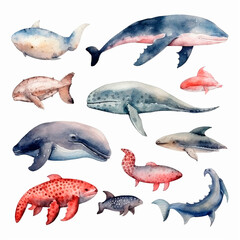 Naklejka premium fish set watercolor on a white background created with Generative Ai