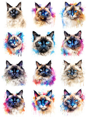 Set of Balinese cats painted in watercolor on a white background in a realistic manner, colorful, rainbow.