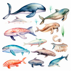 fish set watercolor on a white background created with Generative Ai