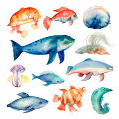 fish set watercolor on a white background created with Generative Ai