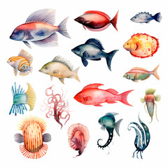 Fototapeta premium fish set watercolor on a white background created with Generative Ai