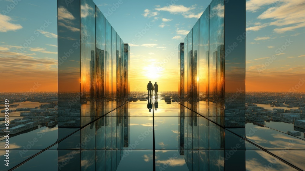 Poster a person standing in front of a mirrored wall. generative ai image.