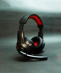 Wireless Over-Ear full size Headphones, Black leather isolated on black background with clipping...
