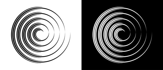 Circle abstract background with lines in spiral. Illusion of dynamic transition. Black lines on a white background and white lines on the black side.