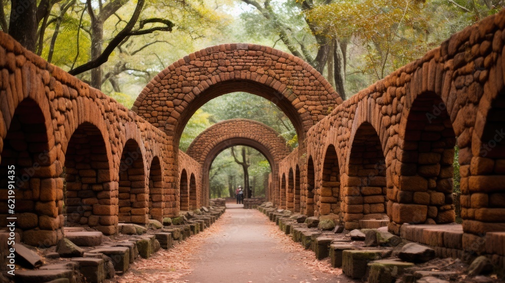Poster a walkway between two brick arches in a park. generative ai image.