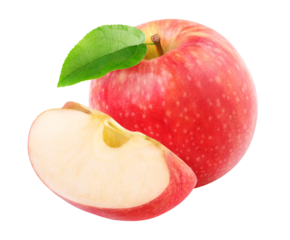 One whole red apple and a piece, cut out no background