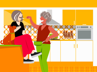 Everyday LGBT Life - Elderly Lesbian Couple Having Fun in the Kitchen Cooking and Sampling Delicacies