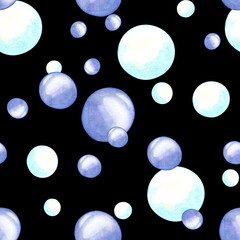 Watercolor seamless pattern underwater blue bubbles, different air sparkles in water, sea, aquarium, ocean. Illustrations elements isolated on white background