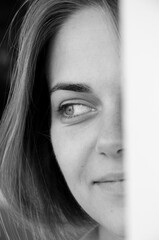 woman smile with beautiful eyes, closeup. black and white portrait. romantic and inspiring
