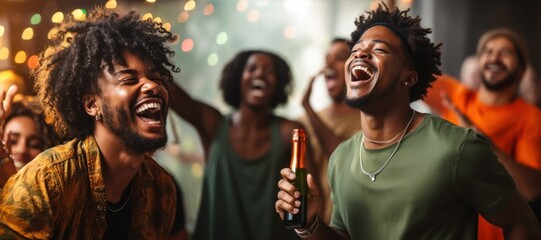 Have fun with beer bottles and singing karaoke while partying at home with friends. holding the microphone and singing selective focus blurred background