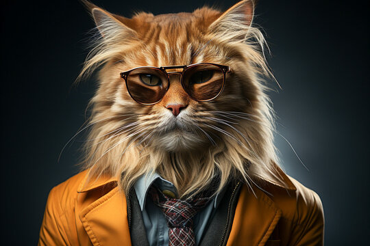 Portrait of cat with sunglasses wearing jacket and tie on solid background. Generative AI.