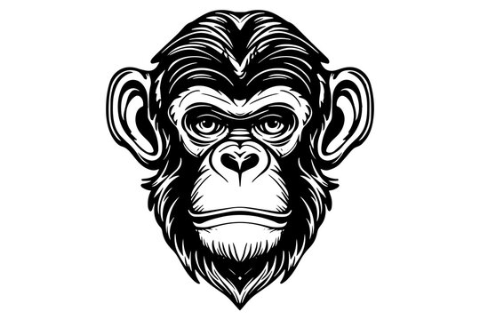 Monkey head or face hand drawn vector illustration in engraving style ink sketch.