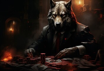 Fototapeta na wymiar Animal wolf play poker blackjack in a casino, fantasy
