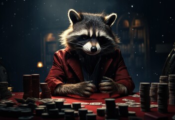 Animal raccoon plays poker blackjack in a casino, fantasy - obrazy, fototapety, plakaty