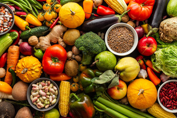 Ripe fresh vegetables, organic seasonal vegetables background, autumn farm harvest, top view
