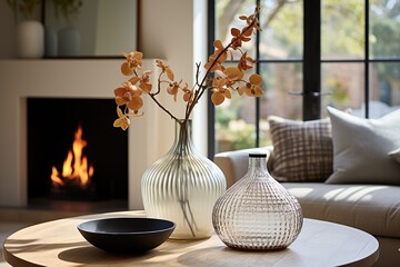 A vibrant vase filled with a colorful bouquet of flowers stands proudly on a sleek wooden table, providing a vibrant and inviting atmosphere to any interior decor