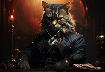Animal cat play poker blackjack in a casino, fantasy