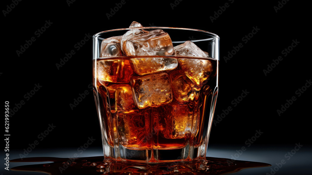Poster cola with ice cubes on a dark background. close-up generative ai