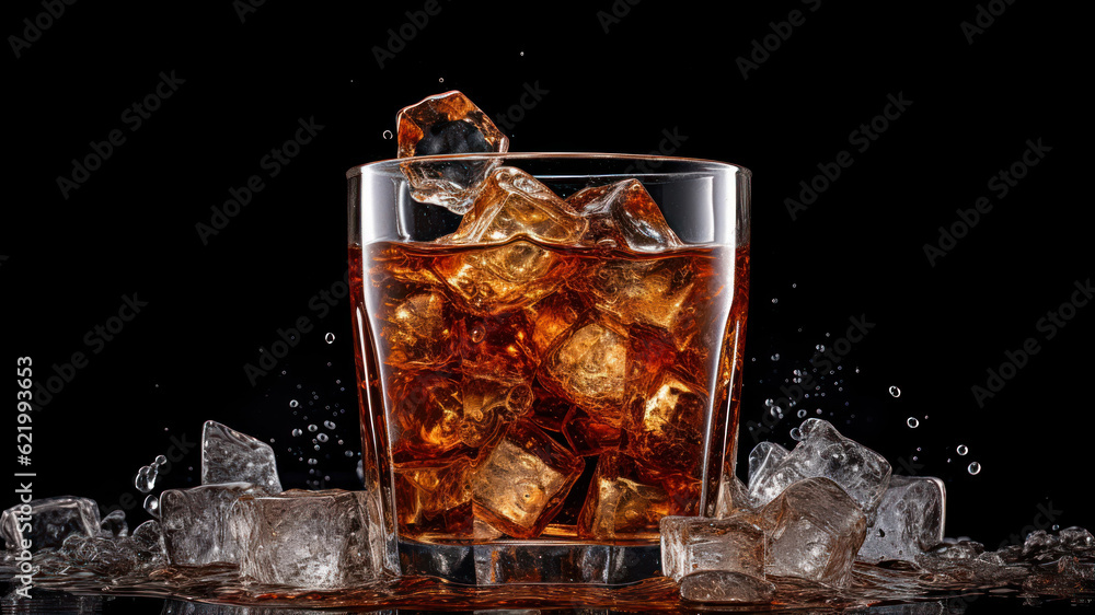 Poster ice cubes falling into a glass of cola with ice cubes on black background generative ai