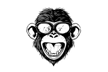 Monkey  face in glasses hand drawn vector illustration in engraving style ink sketch.