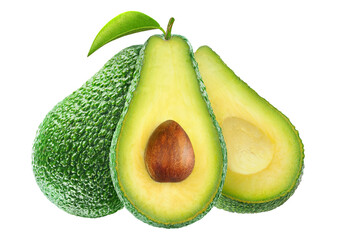 Halved avocado fruits with seed isolated, no background