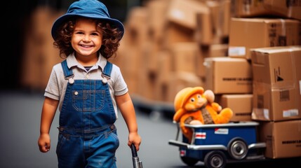Labor day. Child Mover: Wearing overalls with a moving dolly and toy moving boxes.
