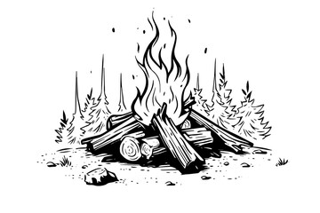 Hand drawn camping bonfire. Vector illustration of fire in sketch engraving style. - obrazy, fototapety, plakaty
