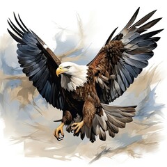 Obraz premium A bald eagle soars with wings wide in flight. (Illustration, Generative AI)