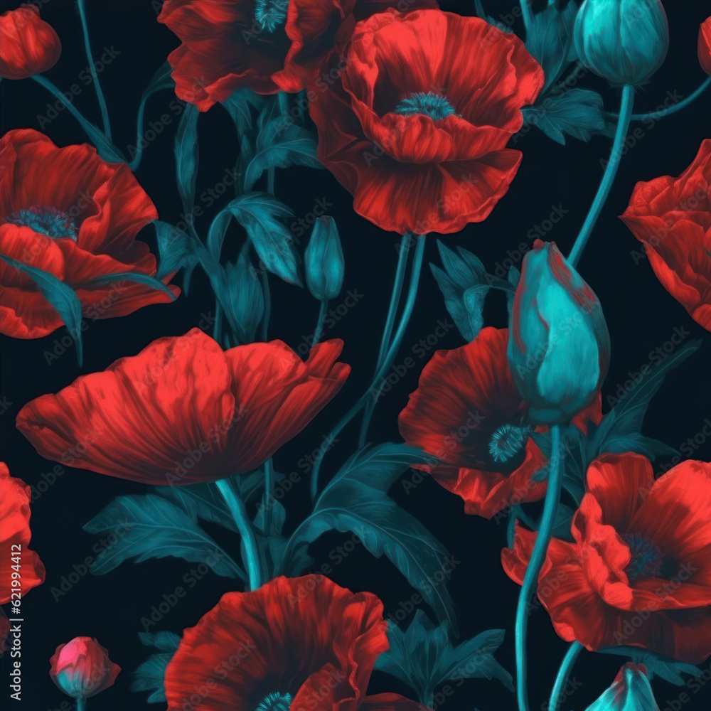 Poster seamless pattern with red poppies on dark background. generative ai