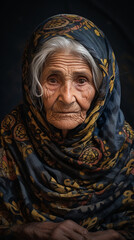 Fototapeta na wymiar Alte Frau Gesicht mit vielen tiefen Falten und Kopftuch schaut traurig Nahaufnahme, ai generativ